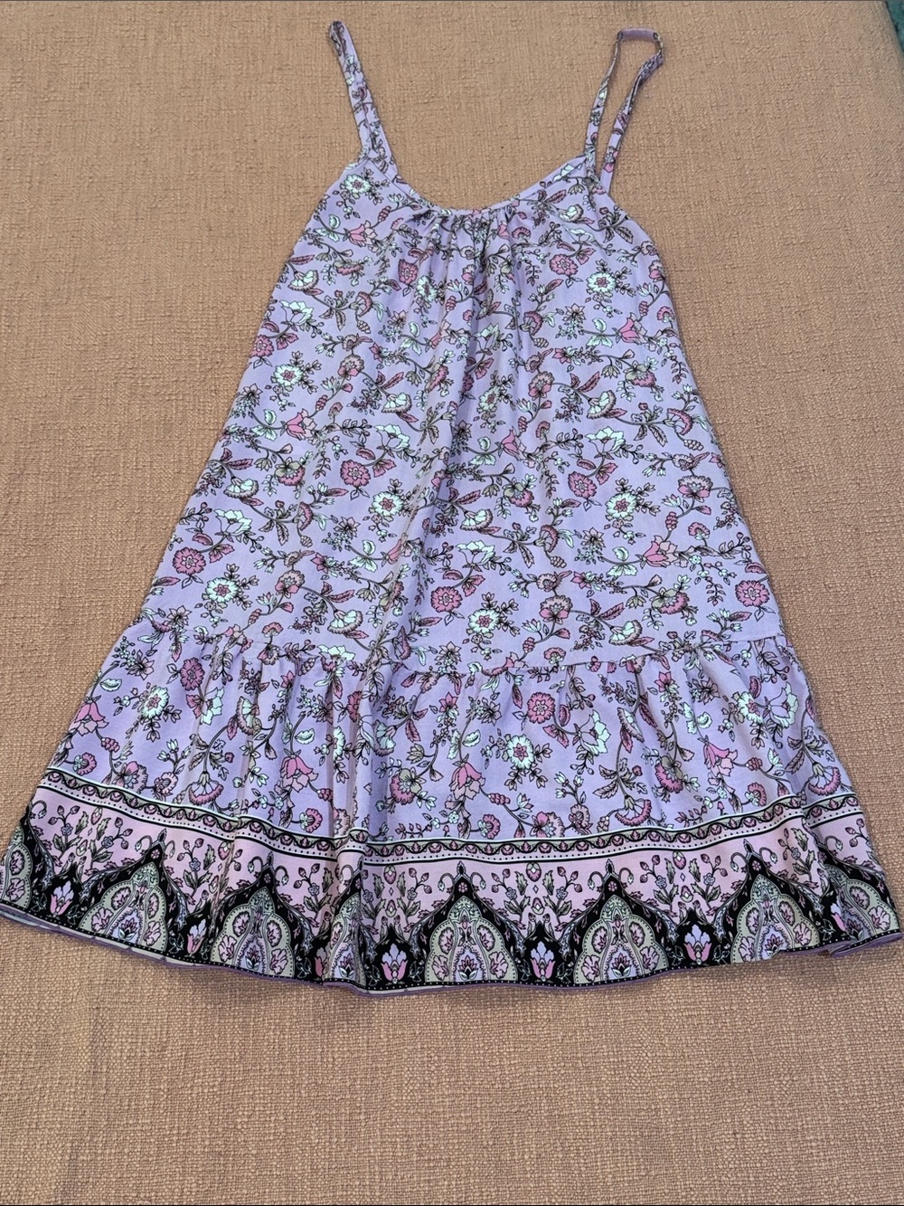 XS Lavender Floral Border-Trim Spaghetti Strap Mini Dress
